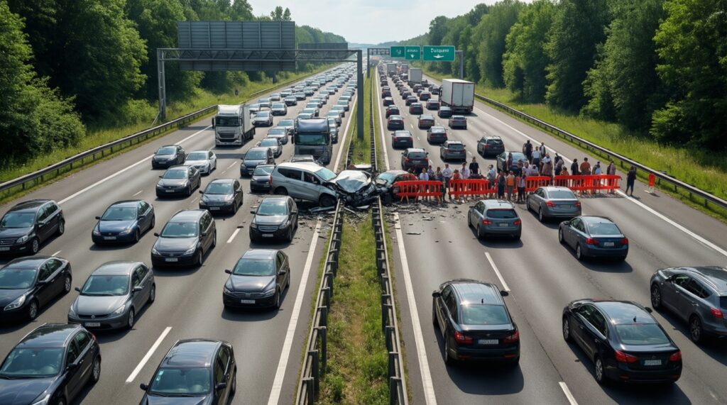 Ситуация на дорогах: пробки, аварии, ремонт, перекрытия и объездные маршруты - иллюстрация