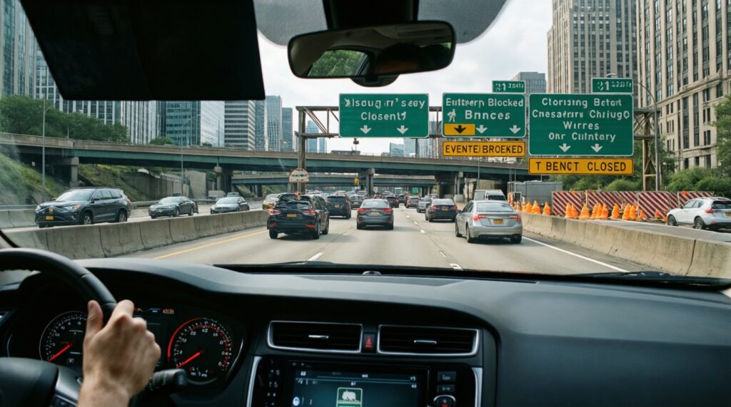 Ситуация на дорогах: пробки, аварии, перекрытия и планы дорожных работ - иллюстрация